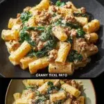 Creamy ground turkey spinach pasta dish in a bowl