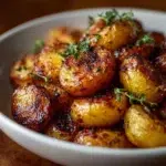 Crispy oven roasted potatoes on a baking sheet, golden and seasoned.
