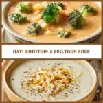 Creamy chicken and broccoli high protein soup in a bowl with a spoon