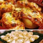 Plate of easy stuffed shells with cheese filling and marinara sauce