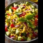 A vibrant bowl of fresh corn salad with colorful vegetables and herbs