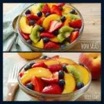 Colorful fruit salad drizzled with honey lime dressing in a bowl