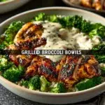 Grilled Chicken Broccoli Bowl with Creamy Garlic Sauce for healthy dinner