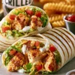 Delicious grilled chicken wrap with fresh vegetables and sauce