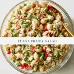 Healthy creamy pasta salad topped with fresh vegetables and herbs