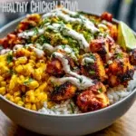 Healthy street corn chicken bowl with high protein chicken and fresh ingredients