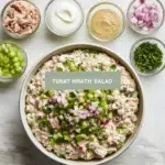 Healthy tuna salad served in a bowl with fresh vegetables and herbs.