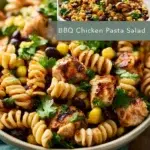 High protein BBQ chicken pasta salad in a bowl with fresh ingredients.