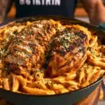 Delicious high protein creamy garlic chicken pasta topped with herbs