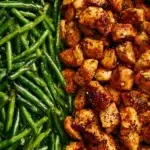 Honey garlic chicken served with vibrant green beans on a plate.
