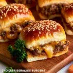 Plate of juicy cheeseburger sliders with toppings