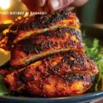 Juicy cooked chicken thighs on a plate with herbs and spices.