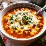 Bowl of hearty lasagna soup garnished with cheese and herbs.