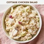 Delicious high protein chicken salad topped with cottage cheese on a plate