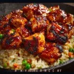 One-Pan Honey BBQ Chicken Rice dish served in a bowl with fresh garnishes.