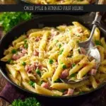 One Pot Ham and Penne Skillet dish served in a frying pan with fresh ingredients