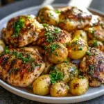 Sheet pan lemon balsamic chicken with crispy potatoes ready to serve