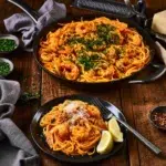 Delicious plate of spicy Cajun shrimp linguine garnished with parsley