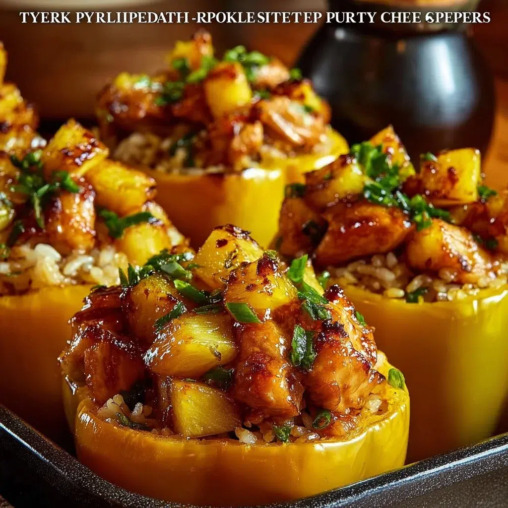 Best Stuffed Green Peppers with Pineapple Recipe 7 Stuffed green bell peppers with chicken, rice, and pineapple in a dish.